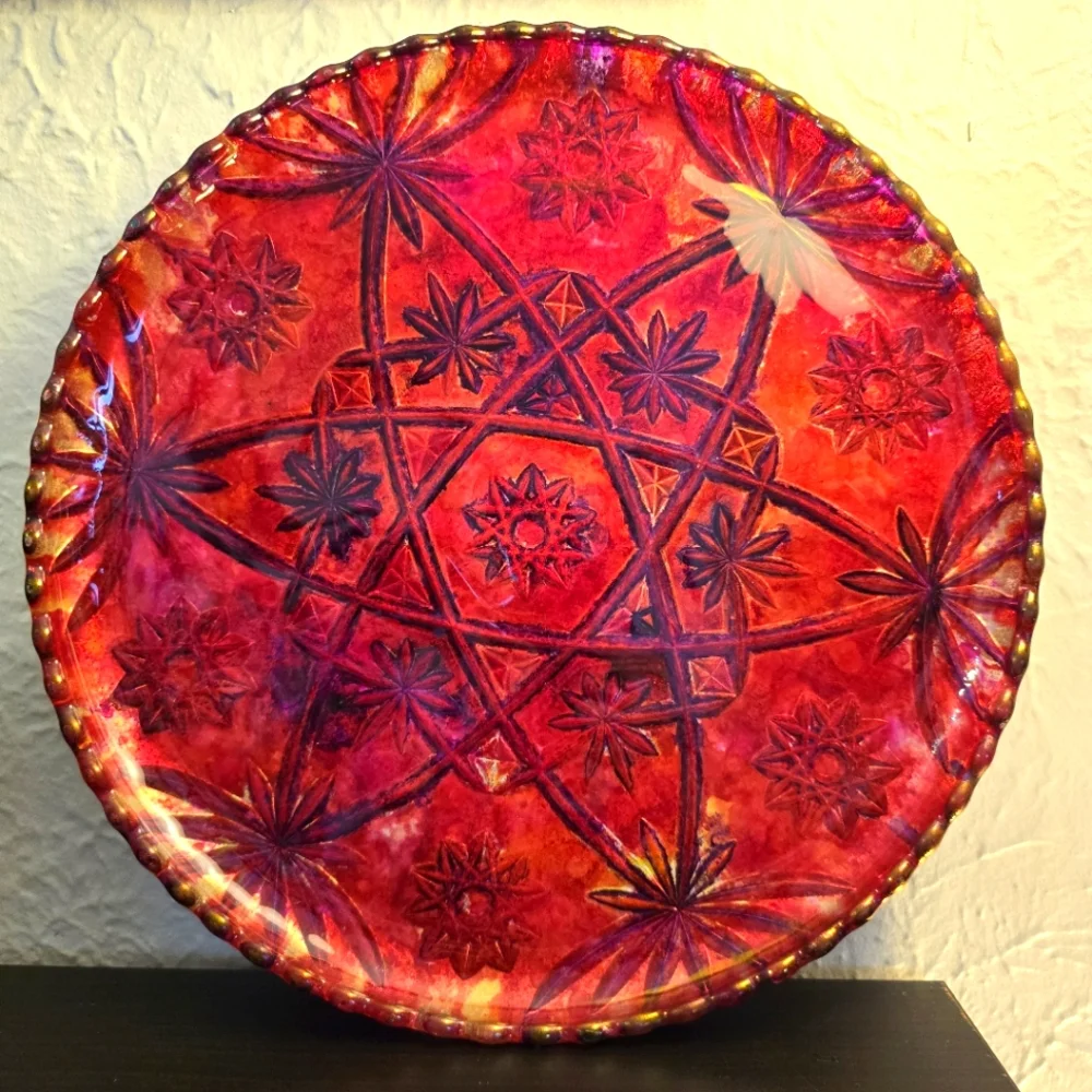 HANDCRAFTED Upcycled Deep Etched Glass Platter HANDPAINTED Tabletop ART Decor - Picture 3 of 17